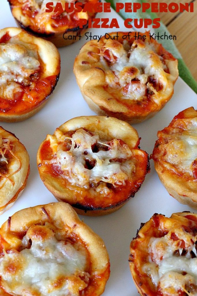 Sausage Pepperoni Pizza Cups | Can't Stay Out of the Kitchen | these outrageous miniature #pizzas are terrific for #holiday parties, #NewYearsDay, #tailgating parties & the #SuperBowl. This amazing 5-ingredient #recipe will rock your world! Every bite is sumptuous & irresistible. #sausage #pepperoni #MozzarellaCheese #MiniaturePizza #SausagePepperoniPizzaCups