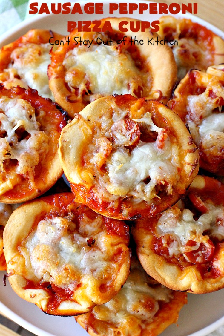 Sausage Pepperoni Pizza Cups | Can't Stay Out of the Kitchen | these outrageous miniature #pizzas are terrific for #holiday parties, #NewYearsDay, #tailgating parties & the #SuperBowl. This amazing 5-ingredient #recipe will rock your world! Every bite is sumptuous & irresistible. #sausage #pepperoni #MozzarellaCheese #MiniaturePizza #SausagePepperoniPizzaCups