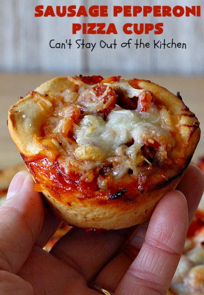 Sausage Pepperoni Pizza Cups | Can't Stay Out of the Kitchen | these outrageous miniature #pizzas are terrific for #holiday parties, #NewYearsDay, #tailgating parties & the #SuperBowl. This amazing 5-ingredient #recipe will rock your world! Every bite is sumptuous & irresistible. #sausage #pepperoni #MozzarellaCheese #MiniaturePizza #SausagePepperoniPizzaCups