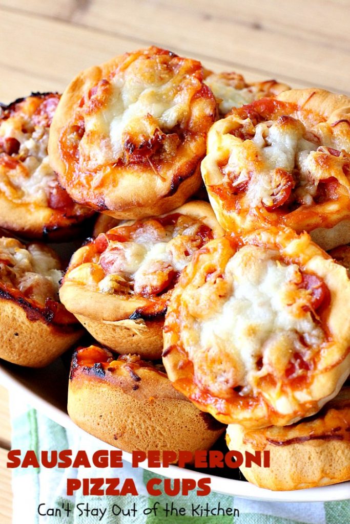 Sausage Pepperoni Pizza Cups | Can't Stay Out of the Kitchen | these outrageous miniature #pizzas are terrific for #holiday parties, #NewYearsDay, #tailgating parties & the #SuperBowl. This amazing 5-ingredient #recipe will rock your world! Every bite is sumptuous & irresistible. #sausage #pepperoni #MozzarellaCheese #MiniaturePizza #SausagePepperoniPizzaCups