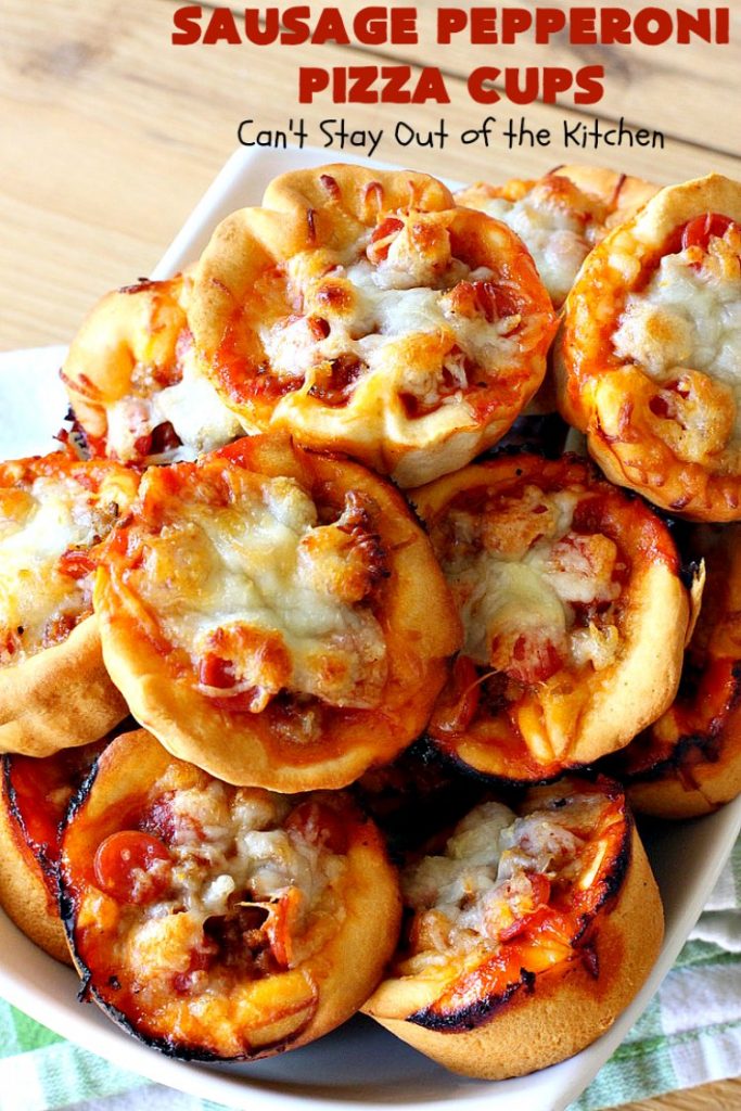 Sausage Pepperoni Pizza Cups | Can't Stay Out of the Kitchen | these outrageous miniature #pizzas are terrific for #holiday parties, #NewYearsDay, #tailgating parties & the #SuperBowl. This amazing 5-ingredient #recipe will rock your world! Every bite is sumptuous & irresistible. #sausage #pepperoni #MozzarellaCheese #MiniaturePizza #SausagePepperoniPizzaCups