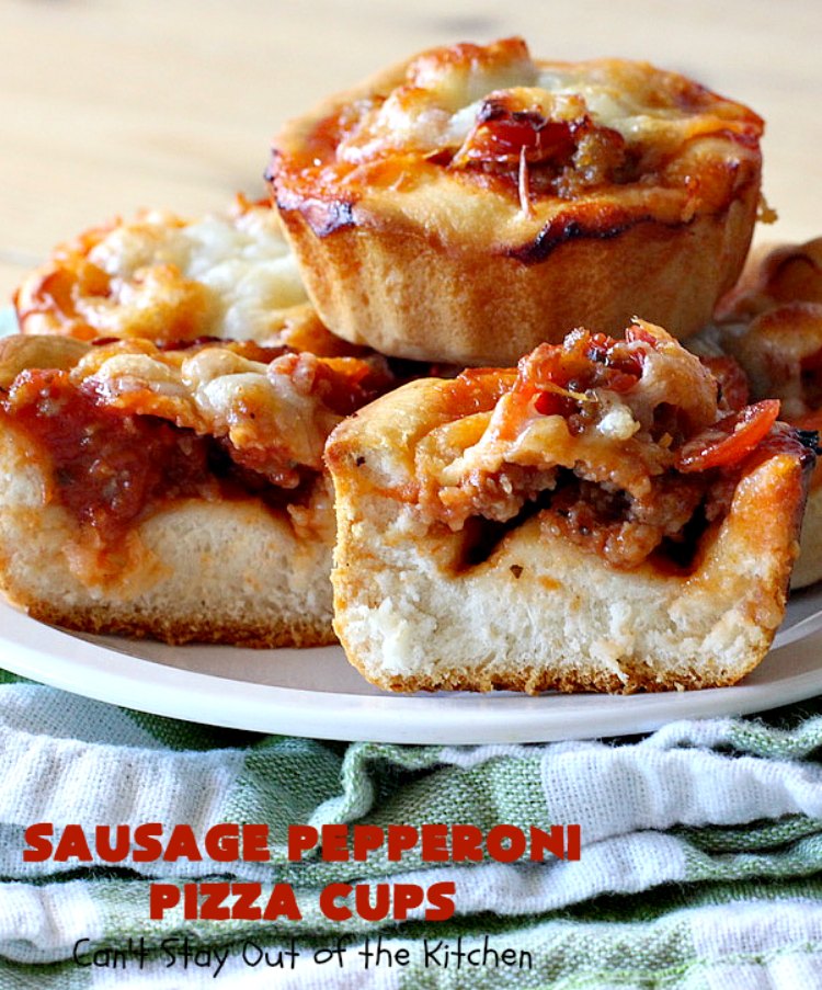 Sausage Pepperoni Pizza Cups | Can't Stay Out of the Kitchen | these outrageous miniature #pizzas are terrific for #holiday parties, #NewYearsDay, #tailgating parties & the #SuperBowl. This amazing 5-ingredient #recipe will rock your world! Every bite is sumptuous & irresistible. #sausage #pepperoni #MozzarellaCheese #MiniaturePizza #SausagePepperoniPizzaCups