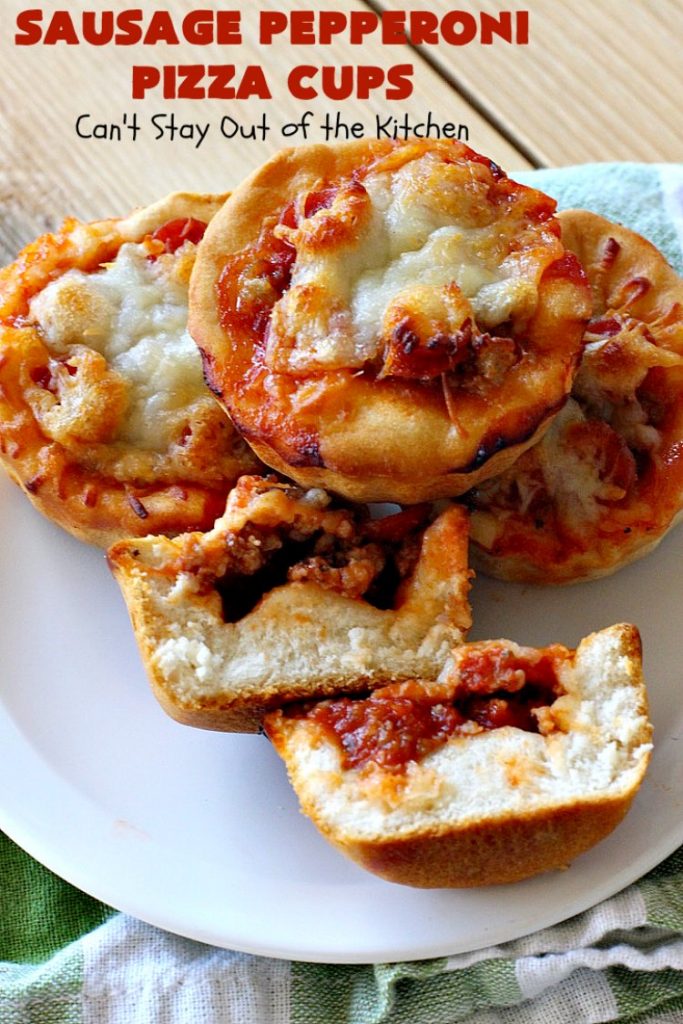 Sausage Pepperoni Pizza Cups | Can't Stay Out of the Kitchen | these outrageous miniature #pizzas are terrific for #holiday parties, #NewYearsDay, #tailgating parties & the #SuperBowl. This amazing 5-ingredient #recipe will rock your world! Every bite is sumptuous & irresistible. #sausage #pepperoni #MozzarellaCheese #MiniaturePizza #SausagePepperoniPizzaCups