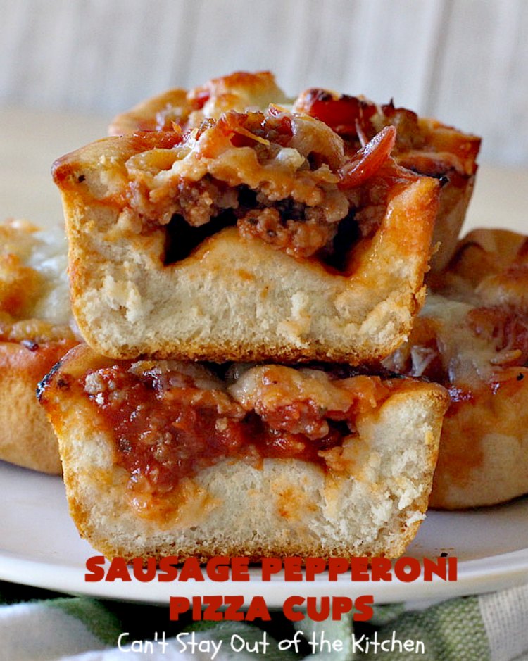 Sausage Pepperoni Pizza Cups | Can't Stay Out of the Kitchen | these outrageous miniature #pizzas are terrific for #holiday parties, #NewYearsDay, #tailgating parties & the #SuperBowl. This amazing 5-ingredient #recipe will rock your world! Every bite is sumptuous & irresistible. #sausage #pepperoni #MozzarellaCheese #MiniaturePizza #SausagePepperoniPizzaCups