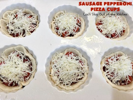Sausage Pepperoni Pizza Cups | Can't Stay Out of the Kitchen | these outrageous miniature #pizzas are terrific for #holiday parties, #NewYearsDay, #tailgating parties & the #SuperBowl. This amazing 5-ingredient #recipe will rock your world! Every bite is sumptuous & irresistible. #sausage #pepperoni #MozzarellaCheese #MiniaturePizza #SausagePepperoniPizzaCups