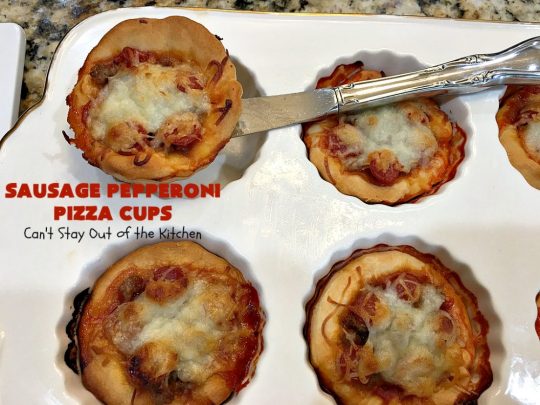 Sausage Pepperoni Pizza Cups | Can't Stay Out of the Kitchen | these outrageous miniature #pizzas are terrific for #holiday parties, #NewYearsDay, #tailgating parties & the #SuperBowl. This amazing 5-ingredient #recipe will rock your world! Every bite is sumptuous & irresistible. #sausage #pepperoni #MozzarellaCheese #MiniaturePizza #SausagePepperoniPizzaCups