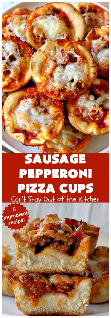 Sausage Pepperoni Pizza Cups | Can't Stay Out of the Kitchen | these outrageous miniature #pizzas are terrific for #holiday parties, #NewYearsDay, #tailgating parties & the #SuperBowl. This amazing 5-ingredient #recipe will rock your world! Every bite is sumptuous & irresistible. #sausage #pepperoni #MozzarellaCheese #MiniaturePizza #SausagePepperoniPizzaCups