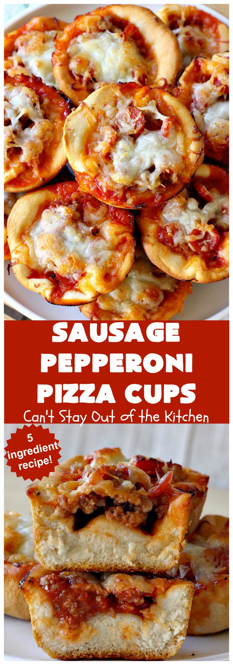 Sausage Pepperoni Pizza Cups | Can't Stay Out of the Kitchen | these outrageous miniature #pizzas are terrific for #holiday parties, #NewYearsDay, #tailgating parties & the #SuperBowl. This amazing 5-ingredient #recipe will rock your world! Every bite is sumptuous & irresistible. #sausage #pepperoni #MozzarellaCheese #MiniaturePizza #SausagePepperoniPizzaCups