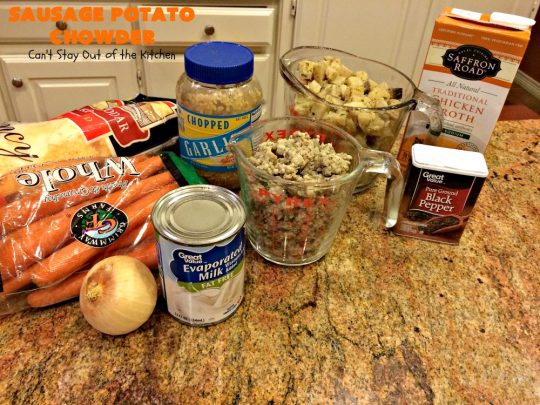 Sausage Potato Chowder | Can't Stay Out of the Kitchen | this delicious #chowder uses fried #sausage, seasoned #potatoes & #carrots. It's absolutely fantastic comfort food & wonderful for cool, fall or winter nights. #soup #GlutenFree #pork #GlutenFreeSoup #SausagePotatoChowder #crockpot #CrockpotSoupRecipe