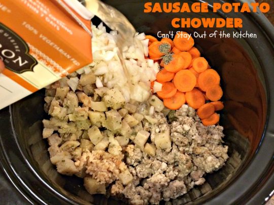 Sausage Potato Chowder | Can't Stay Out of the Kitchen | this delicious #chowder uses fried #sausage, seasoned #potatoes & #carrots. It's absolutely fantastic comfort food & wonderful for cool, fall or winter nights. #soup #GlutenFree #pork #GlutenFreeSoup #SausagePotatoChowder #crockpot #CrockpotSoupRecipe