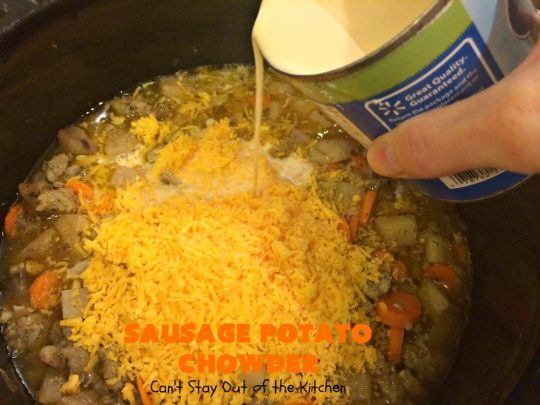 Sausage Potato Chowder | Can't Stay Out of the Kitchen | this delicious #chowder uses fried #sausage, seasoned #potatoes & #carrots. It's absolutely fantastic comfort food & wonderful for cool, fall or winter nights. #soup #GlutenFree #pork #GlutenFreeSoup #SausagePotatoChowder #crockpot #CrockpotSoupRecipe