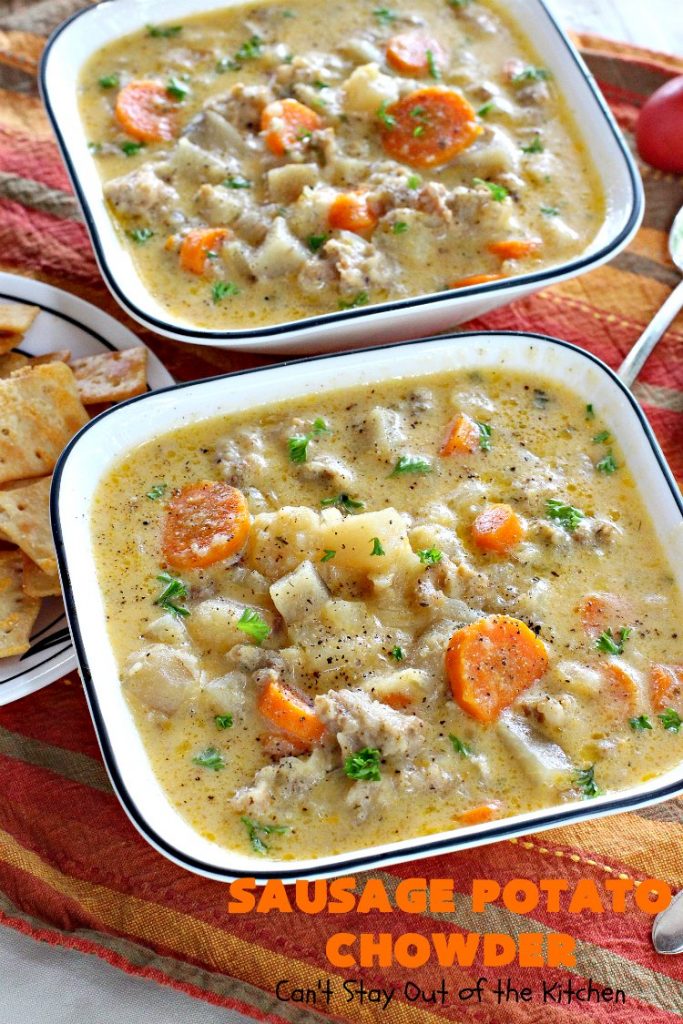 Sausage Potato Chowder | Can't Stay Out of the Kitchen | this delicious #chowder uses fried #sausage, seasoned #potatoes & #carrots. It's absolutely fantastic comfort food & wonderful for cool, fall or winter nights. #soup #GlutenFree #pork #GlutenFreeSoup #SausagePotatoChowder #crockpot #CrockpotSoupRecipe