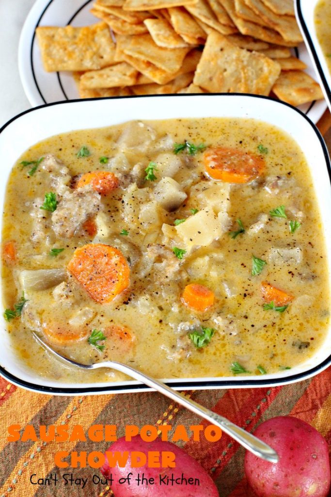 Sausage Potato Chowder | Can't Stay Out of the Kitchen | this delicious #chowder uses fried #sausage, seasoned #potatoes & #carrots. It's absolutely fantastic comfort food & wonderful for cool, fall or winter nights. #soup #GlutenFree #pork #GlutenFreeSoup #SausagePotatoChowder #crockpot #CrockpotSoupRecipe