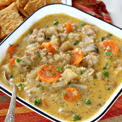 Sausage Potato Chowder | Can't Stay Out of the Kitchen | this delicious #chowder uses fried #sausage, seasoned #potatoes & #carrots. It's absolutely fantastic comfort food & wonderful for cool, fall or winter nights. #soup #GlutenFree #pork #GlutenFreeSoup #SausagePotatoChowder #crockpot #CrockpotSoupRecipe