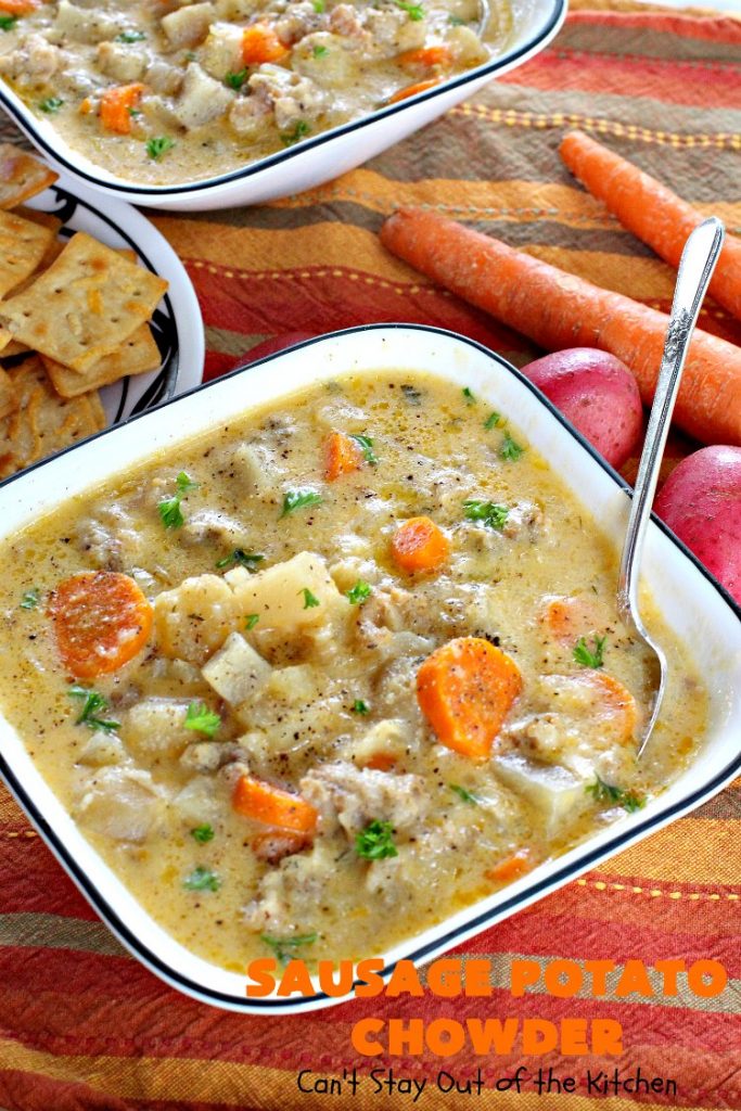 Sausage Potato Chowder | Can't Stay Out of the Kitchen | this delicious #chowder uses fried #sausage, seasoned #potatoes & #carrots. It's absolutely fantastic comfort food & wonderful for cool, fall or winter nights. #soup #GlutenFree #pork #GlutenFreeSoup #SausagePotatoChowder #crockpot #CrockpotSoupRecipe