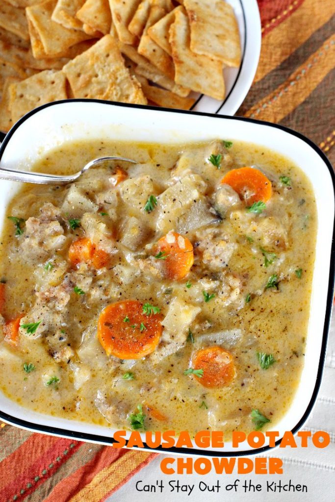 Sausage Potato Chowder | Can't Stay Out of the Kitchen | this delicious #chowder uses fried #sausage, seasoned #potatoes & #carrots. It's absolutely fantastic comfort food & wonderful for cool, fall or winter nights. #soup #GlutenFree #pork #GlutenFreeSoup #SausagePotatoChowder #crockpot #CrockpotSoupRecipe
