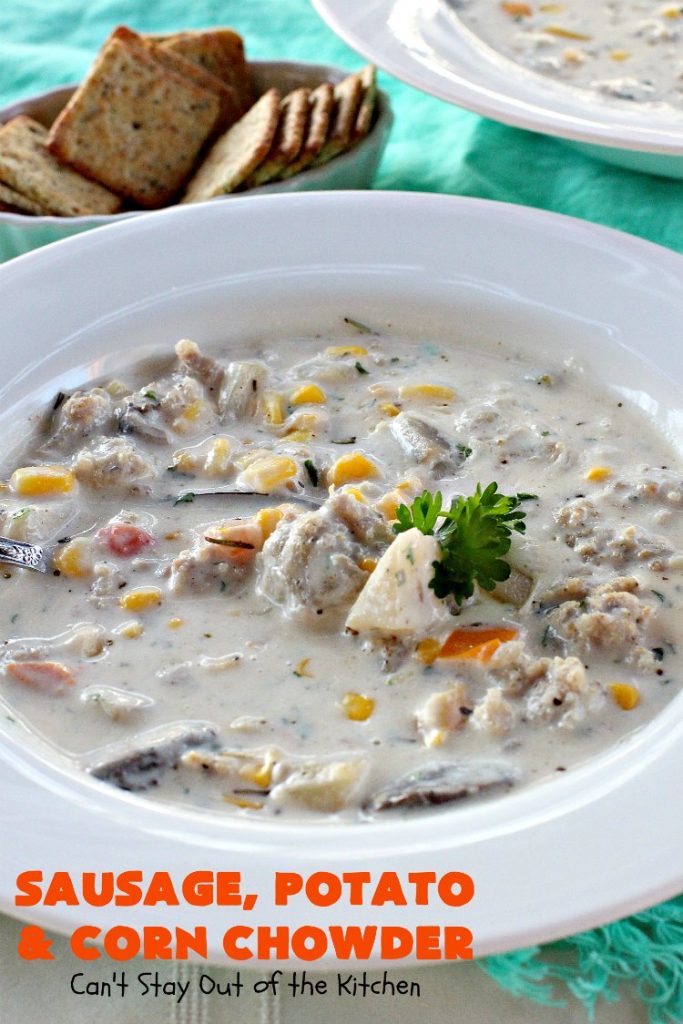 Sausage, Potato and Corn Chowder | Can't Stay Out of the Kitchen | this delicious #soup is wonderful for cold fall or winter nights. It's terrific comfort food that really hits the spot. #sausage #pork #potatoes #corn #glutenfree #chowder