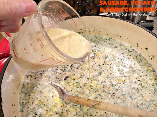 Sausage, Potato and Corn Chowder | Can't Stay Out of the Kitchen | this delicious #soup is wonderful for cold fall or winter nights. It's terrific comfort food that really hits the spot. #sausage #pork #potatoes #corn #glutenfree #chowder