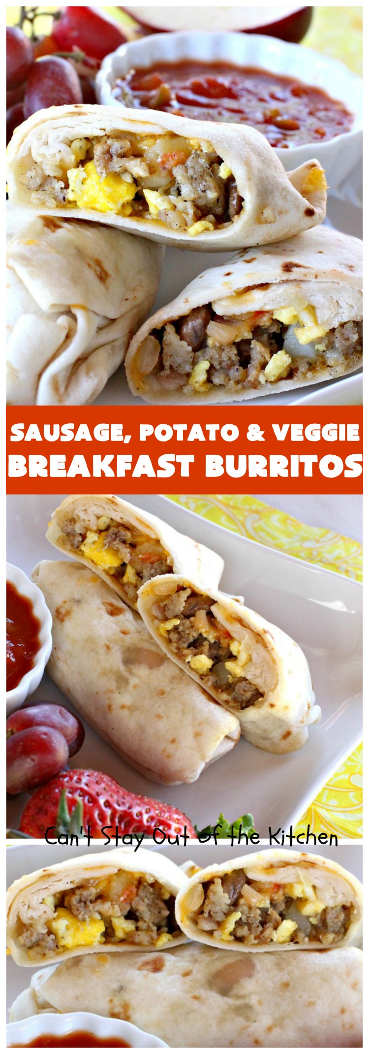 Sausage, Potato and Veggie Breakfast Burritos | Can't Stay Out of the Kitchen | these #BreakfastBurritos are fantastic. Every mouthful will have you drooling. Plus, they can be made up in advance & then popped in the microwave before heading out to work! #sausage #pork #eggs #cheese #potatoes #mushrooms #tortillas #TexMex #breakfast #HolidayBreakfast #SausagePotatoAndVeggieBreakfastBurritos