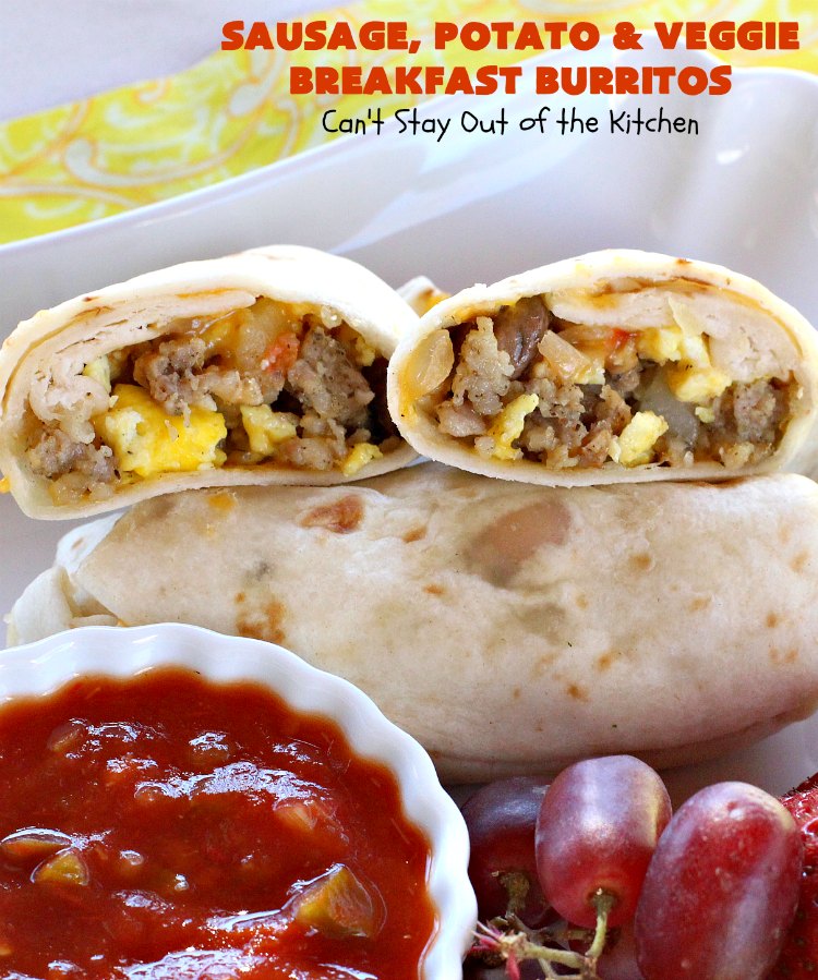 Sausage, Potato and Veggie Breakfast Burritos | Can't Stay Out of the Kitchen | these #BreakfastBurritos are fantastic. Every mouthful will have you drooling. Plus, they can be made up in advance & then popped in the microwave before heading out to work! #sausage #pork #eggs #cheese #potatoes #mushrooms #tortillas #TexMex #breakfast #HolidayBreakfast #SausagePotatoAndVeggieBreakfastBurritos