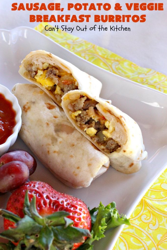 Sausage, Potato and Veggie Breakfast Burritos | Can't Stay Out of the Kitchen | these #BreakfastBurritos are fantastic. Every mouthful will have you drooling. Plus, they can be made up in advance & then popped in the microwave before heading out to work! #sausage #pork #eggs #cheese #potatoes #mushrooms #tortillas #TexMex #breakfast #HolidayBreakfast #SausagePotatoAndVeggieBreakfastBurritos