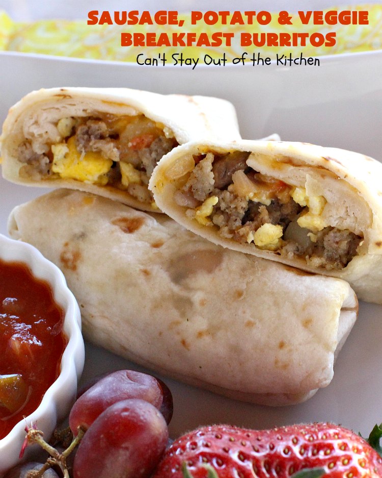Sausage, Potato and Veggie Breakfast Burritos | Can't Stay Out of the Kitchen | these #BreakfastBurritos are fantastic. Every mouthful will have you drooling. Plus, they can be made up in advance & then popped in the microwave before heading out to work! #sausage #pork #eggs #cheese #potatoes #mushrooms #tortillas #TexMex #breakfast #HolidayBreakfast #SausagePotatoAndVeggieBreakfastBurritos