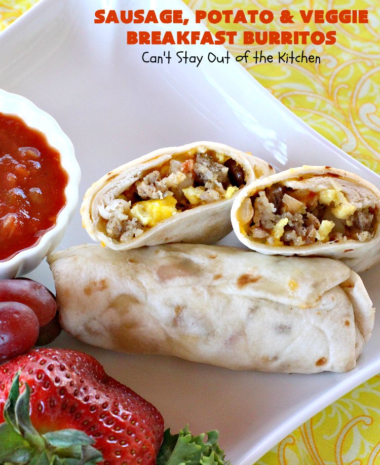 Sausage, Potato and Veggie Breakfast Burritos | Can't Stay Out of the Kitchen | these #BreakfastBurritos are fantastic. Every mouthful will have you drooling. Plus, they can be made up in advance & then popped in the microwave before heading out to work! #sausage #pork #eggs #cheese #potatoes #mushrooms #tortillas #TexMex #breakfast #HolidayBreakfast #SausagePotatoAndVeggieBreakfastBurritos