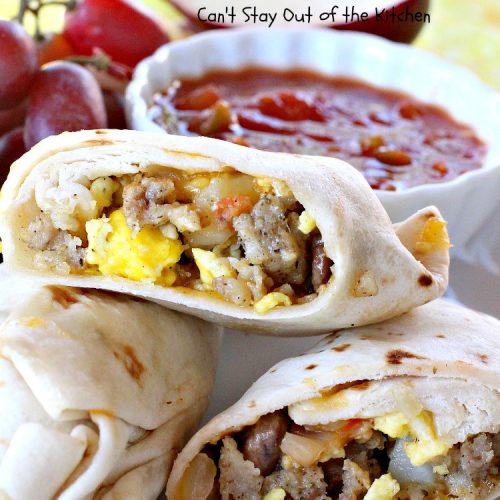 Sausage, Potato and Veggie Breakfast Burritos | Can't Stay Out of the Kitchen | these #BreakfastBurritos are fantastic. Every mouthful will have you drooling. Plus, they can be made up in advance & then popped in the microwave before heading out to work! #sausage #pork #eggs #cheese #potatoes #mushrooms #tortillas #TexMex #breakfast #HolidayBreakfast #SausagePotatoAndVeggieBreakfastBurritos