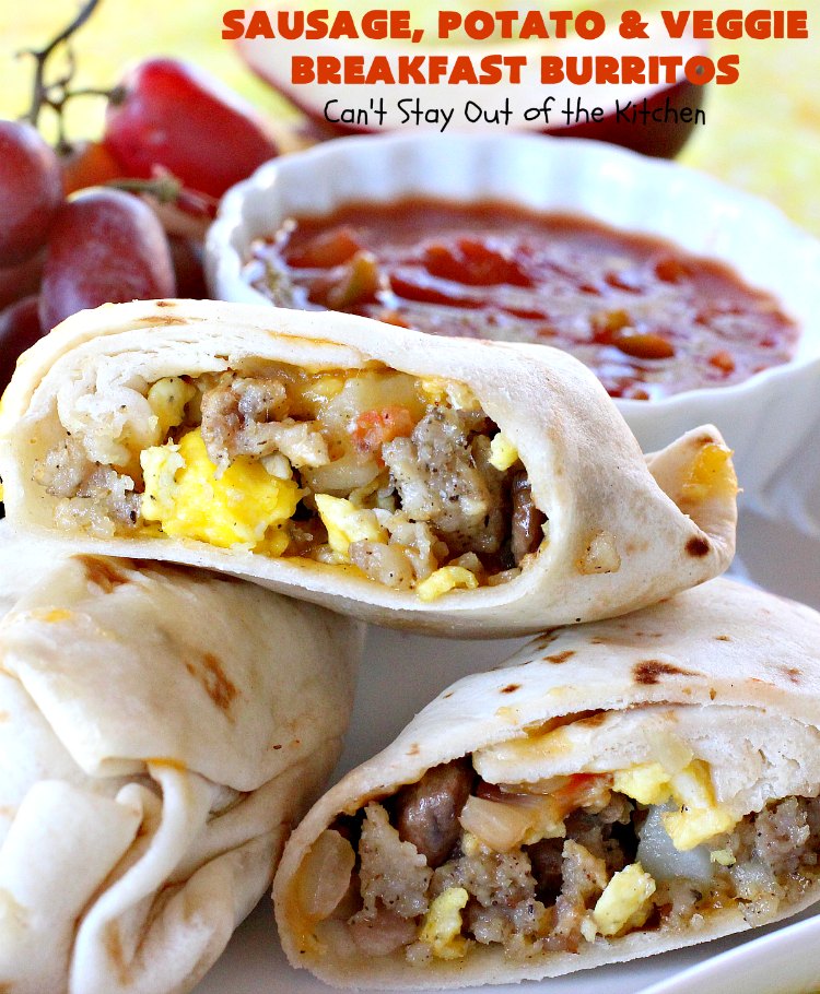 Sausage, Potato and Veggie Breakfast Burritos | Can't Stay Out of the Kitchen | these #BreakfastBurritos are fantastic. Every mouthful will have you drooling. Plus, they can be made up in advance & then popped in the microwave before heading out to work! #sausage #pork #eggs #cheese #potatoes #mushrooms #tortillas #TexMex #breakfast #HolidayBreakfast #SausagePotatoAndVeggieBreakfastBurritos