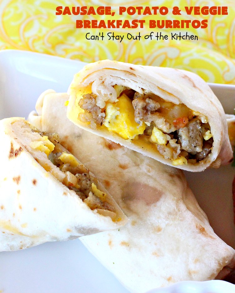 Sausage, Potato and Veggie Breakfast Burritos | Can't Stay Out of the Kitchen | these #BreakfastBurritos are fantastic. Every mouthful will have you drooling. Plus, they can be made up in advance & then popped in the microwave before heading out to work! #sausage #pork #eggs #cheese #potatoes #mushrooms #tortillas #TexMex #breakfast #HolidayBreakfast #SausagePotatoAndVeggieBreakfastBurritos