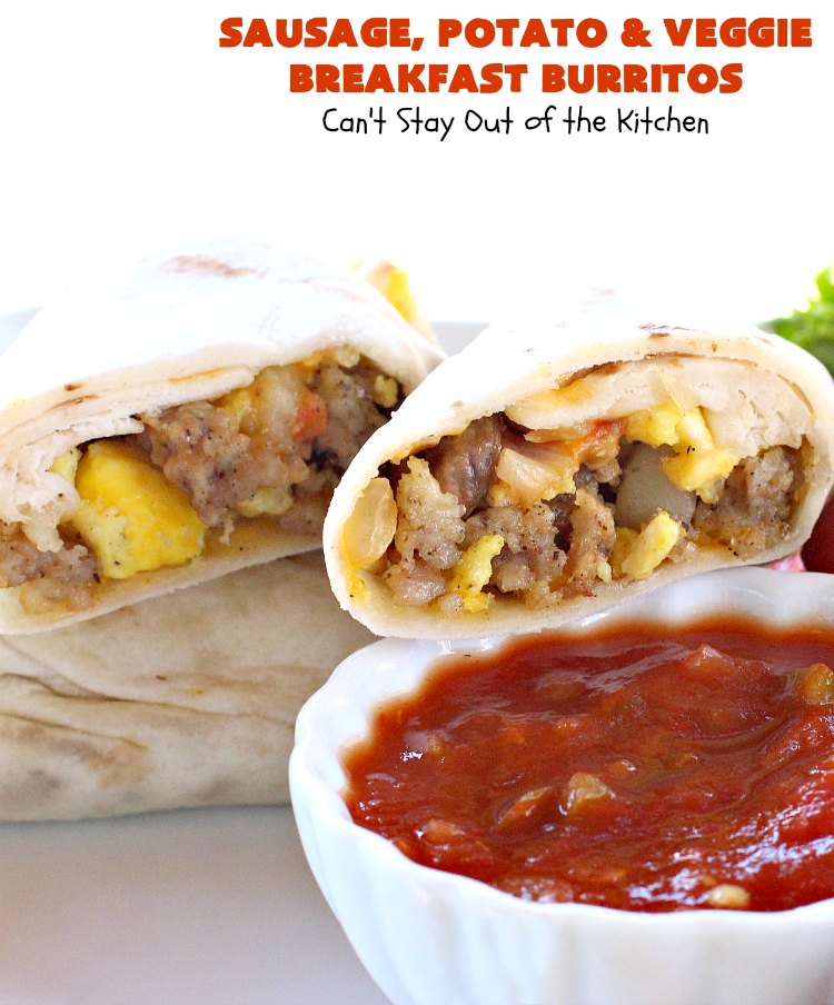 Sausage, Potato and Veggie Breakfast Burritos | Can't Stay Out of the Kitchen | these #BreakfastBurritos are fantastic. Every mouthful will have you drooling. Plus, they can be made up in advance & then popped in the microwave before heading out to work! #sausage #pork #eggs #cheese #potatoes #mushrooms #tortillas #TexMex #breakfast #HolidayBreakfast #SausagePotatoAndVeggieBreakfastBurritos