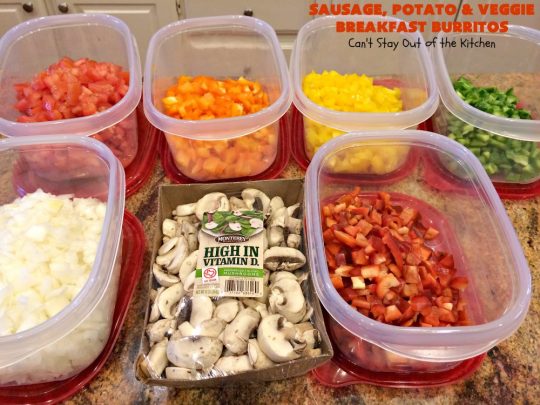Sausage, Potato and Veggie Breakfast Burritos | Can't Stay Out of the Kitchen | these #BreakfastBurritos are fantastic. Every mouthful will have you drooling. Plus, they can be made up in advance & then popped in the microwave before heading out to work! #sausage #pork #eggs #cheese #potatoes #mushrooms #tortillas #TexMex #breakfast #HolidayBreakfast #SausagePotatoAndVeggieBreakfastBurritos