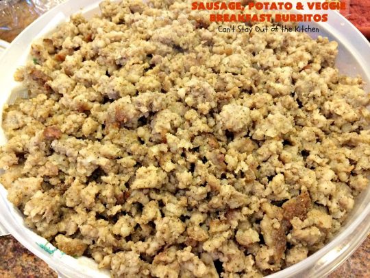 Sausage, Potato and Veggie Breakfast Burritos | Can't Stay Out of the Kitchen | these #BreakfastBurritos are fantastic. Every mouthful will have you drooling. Plus, they can be made up in advance & then popped in the microwave before heading out to work! #sausage #pork #eggs #cheese #potatoes #mushrooms #tortillas #TexMex #breakfast #HolidayBreakfast #SausagePotatoAndVeggieBreakfastBurritos
