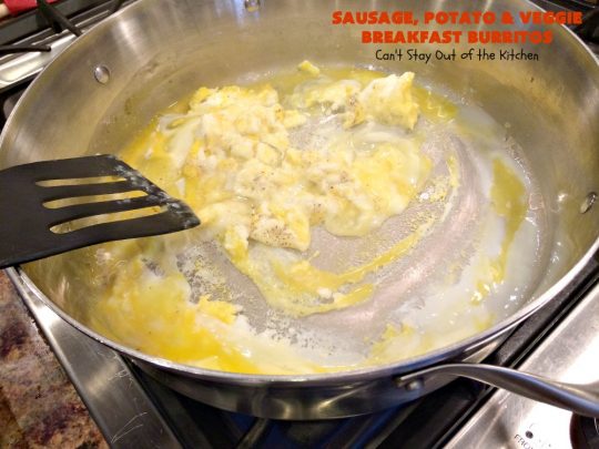 Sausage, Potato and Veggie Breakfast Burritos | Can't Stay Out of the Kitchen | these #BreakfastBurritos are fantastic. Every mouthful will have you drooling. Plus, they can be made up in advance & then popped in the microwave before heading out to work! #sausage #pork #eggs #cheese #potatoes #mushrooms #tortillas #TexMex #breakfast #HolidayBreakfast #SausagePotatoAndVeggieBreakfastBurritos
