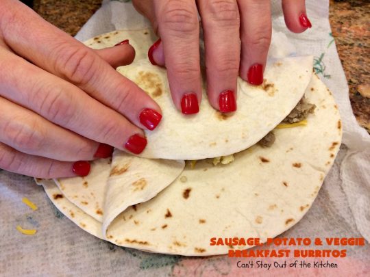 Sausage, Potato and Veggie Breakfast Burritos | Can't Stay Out of the Kitchen | these #BreakfastBurritos are fantastic. Every mouthful will have you drooling. Plus, they can be made up in advance & then popped in the microwave before heading out to work! #sausage #pork #eggs #cheese #potatoes #mushrooms #tortillas #TexMex #breakfast #HolidayBreakfast #SausagePotatoAndVeggieBreakfastBurritos