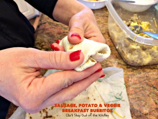 Sausage, Potato and Veggie Breakfast Burritos | Can't Stay Out of the Kitchen | these #BreakfastBurritos are fantastic. Every mouthful will have you drooling. Plus, they can be made up in advance & then popped in the microwave before heading out to work! #sausage #pork #eggs #cheese #potatoes #mushrooms #tortillas #TexMex #breakfast #HolidayBreakfast #SausagePotatoAndVeggieBreakfastBurritos