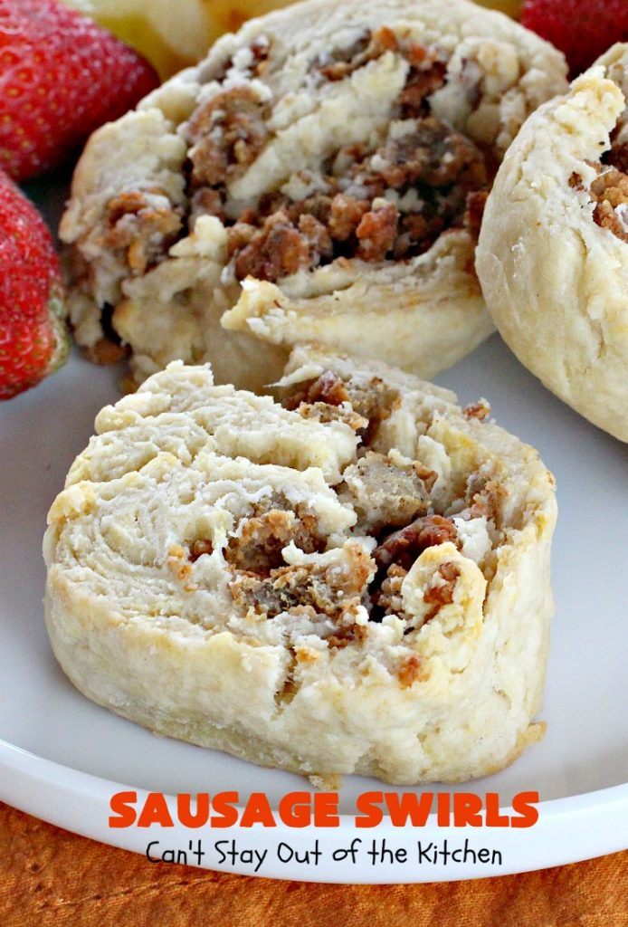 Sausage Swirls | Can't Stay Out of the Kitchen | Terrific #brunch idea for the #holidays. Roll up cooked #sausage in pie crust, bake & voila! You have the best #breakfast imaginable. #HolidayBreakfast #ChristmasBreakfast #NewYearsDayBreakfast #pork #SausageBreakfast
