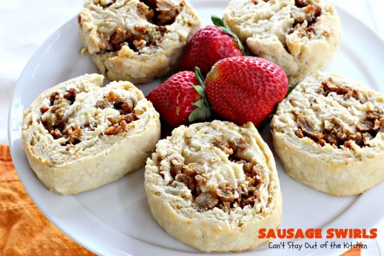 Sausage Swirls | Can't Stay Out of the Kitchen | Terrific #brunch idea for the #holidays. Roll up cooked #sausage in pie crust, bake & voila! You have the best #breakfast imaginable. #HolidayBreakfast #ChristmasBreakfast #NewYearsDayBreakfast #pork #SausageBreakfast