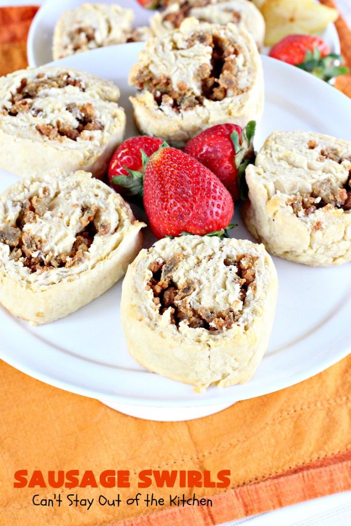 Sausage Swirls | Can't Stay Out of the Kitchen | Terrific #brunch idea for the #holidays. Roll up cooked #sausage in pie crust, bake & voila! You have the best #breakfast imaginable. #HolidayBreakfast #ChristmasBreakfast #NewYearsDayBreakfast #pork #SausageBreakfast