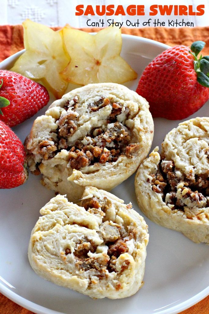 Sausage Swirls | Can't Stay Out of the Kitchen | Terrific #brunch idea for the #holidays. Roll up cooked #sausage in pie crust, bake & voila! You have the best #breakfast imaginable. #HolidayBreakfast #ChristmasBreakfast #NewYearsDayBreakfast #pork #SausageBreakfast