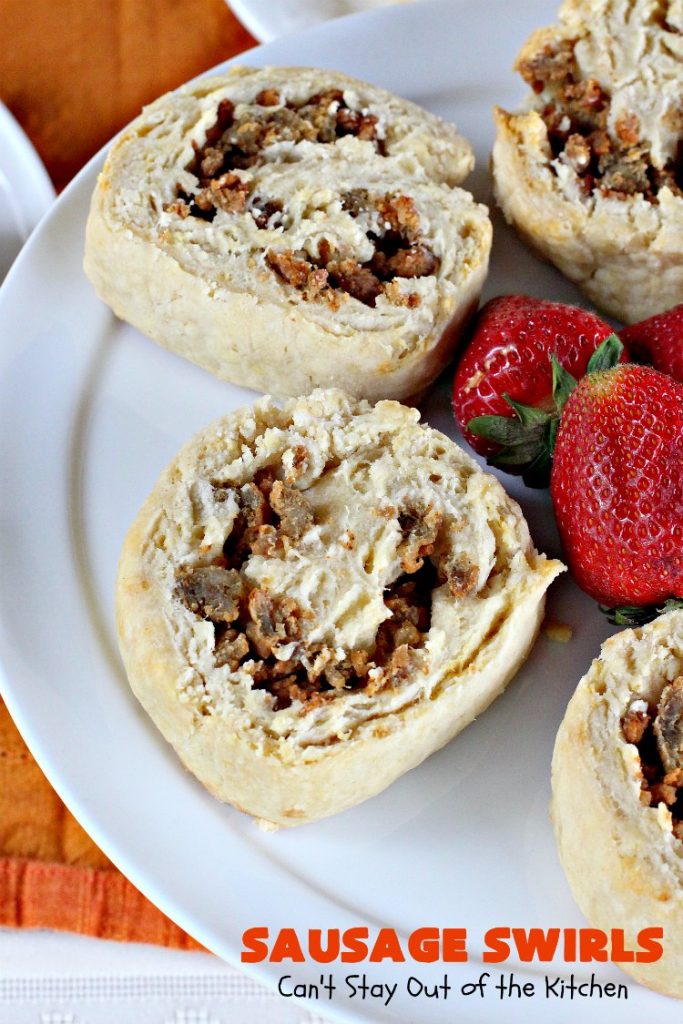 Sausage Swirls | Can't Stay Out of the Kitchen | Terrific #brunch idea for the #holidays. Roll up cooked #sausage in pie crust, bake & voila! You have the best #breakfast imaginable. #HolidayBreakfast #ChristmasBreakfast #NewYearsDayBreakfast #pork #SausageBreakfast
