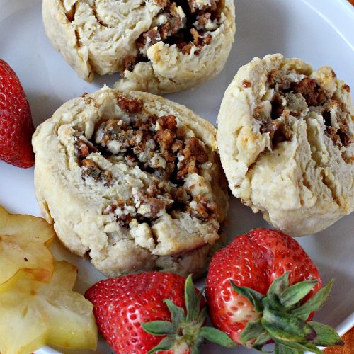 Sausage Swirls | Can't Stay Out of the Kitchen | Terrific #brunch idea for the #holidays. Roll up cooked #sausage in pie crust, bake & voila! You have the best #breakfast imaginable. #HolidayBreakfast #ChristmasBreakfast #NewYearsDayBreakfast #pork #SausageBreakfast