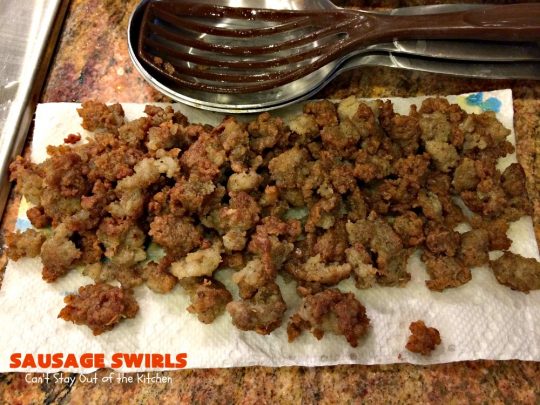 Sausage Swirls | Can't Stay Out of the Kitchen | Terrific #brunch idea for the #holidays. Roll up cooked #sausage in pie crust, bake & voila! You have the best #breakfast imaginable. #HolidayBreakfast #ChristmasBreakfast #NewYearsDayBreakfast #pork #SausageBreakfast