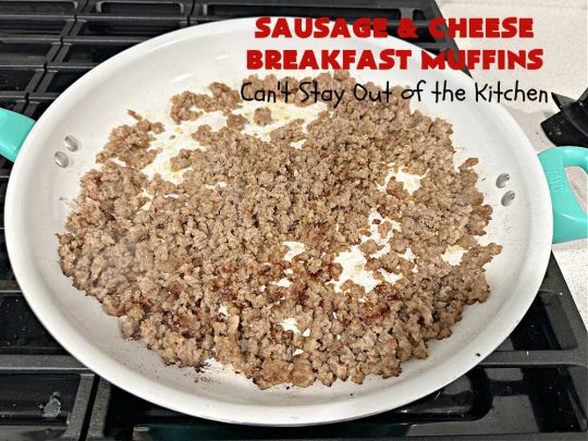 Sausage and Cheese Breakfast Muffins | Can't Stay Out of the Kitchen | these fabulous #BreakfastMuffins include #sausage, #CheddarCheese & #eggs in a cheesy #HashBrown crust. The #muffins are seasoned delightfully & one of the best #breakfast options you'll ever find. Great reheated & can be frozen. #pork #HolidayBreakfast #SausageAndCheeseBreakfastMuffins