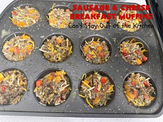 Sausage and Cheese Breakfast Muffins | Can't Stay Out of the Kitchen | these fabulous #BreakfastMuffins include #sausage, #CheddarCheese & #eggs in a cheesy #HashBrown crust. The #muffins are seasoned delightfully & one of the best #breakfast options you'll ever find. Great reheated & can be frozen. #pork #HolidayBreakfast #SausageAndCheeseBreakfastMuffins