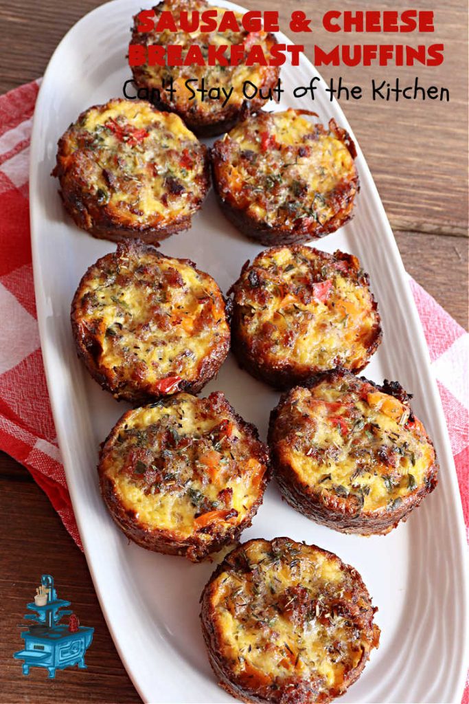 Sausage and Cheese Breakfast Muffins | Can't Stay Out of the Kitchen | these fabulous #BreakfastMuffins include #sausage, #CheddarCheese & #eggs in a cheesy #HashBrown crust. The #muffins are seasoned delightfully & one of the best #breakfast options you'll ever find. Great reheated & can be frozen. #pork #HolidayBreakfast #SausageAndCheeseBreakfastMuffins