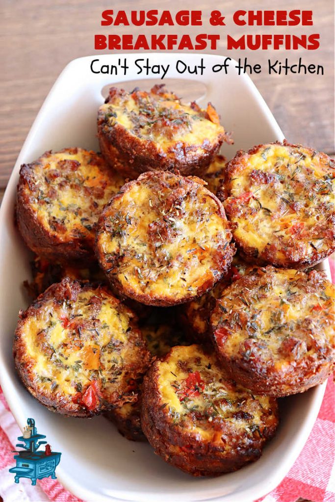 Sausage and Cheese Breakfast Muffins | Can't Stay Out of the Kitchen | these fabulous #BreakfastMuffins include #sausage, #CheddarCheese & #eggs in a cheesy #HashBrown crust. The #muffins are seasoned delightfully & one of the best #breakfast options you'll ever find. Great reheated & can be frozen. #pork #HolidayBreakfast #SausageAndCheeseBreakfastMuffins