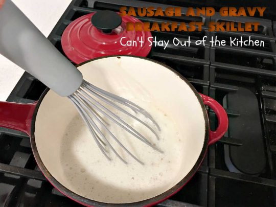 Sausage and Gravy Breakfast Skillet | Can't Stay Out of the Kitchen | this fantastic #BreakfastSkillet includes #SausageAndGravy which offers a down-home #southern #breakfast you're sure to love. This one includes #HashBrowns, both #Cheddar & #MontereyJack cheeses and sunny-side-up #eggs. Hearty, filling & so satisfying. Great for a weekend, company or #HolidayBreakfast. #holiday #FathersDay #FathersDayBreakfast #sausage #SausageAndGravyBreakfastSkillet