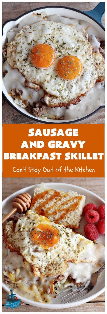 Sausage and Gravy Breakfast Skillet | Can't Stay Out of the Kitchen | this fantastic #BreakfastSkillet includes #SausageAndGravy which offers a down-home #southern #breakfast you're sure to love. This one includes #HashBrowns, both #Cheddar & #MontereyJack cheeses and sunny-side-up #eggs. Hearty, filling & so satisfying. Great for a weekend, company or #HolidayBreakfast. #holiday #FathersDay #FathersDayBreakfast #sausage #SausageAndGravyBreakfastSkillet