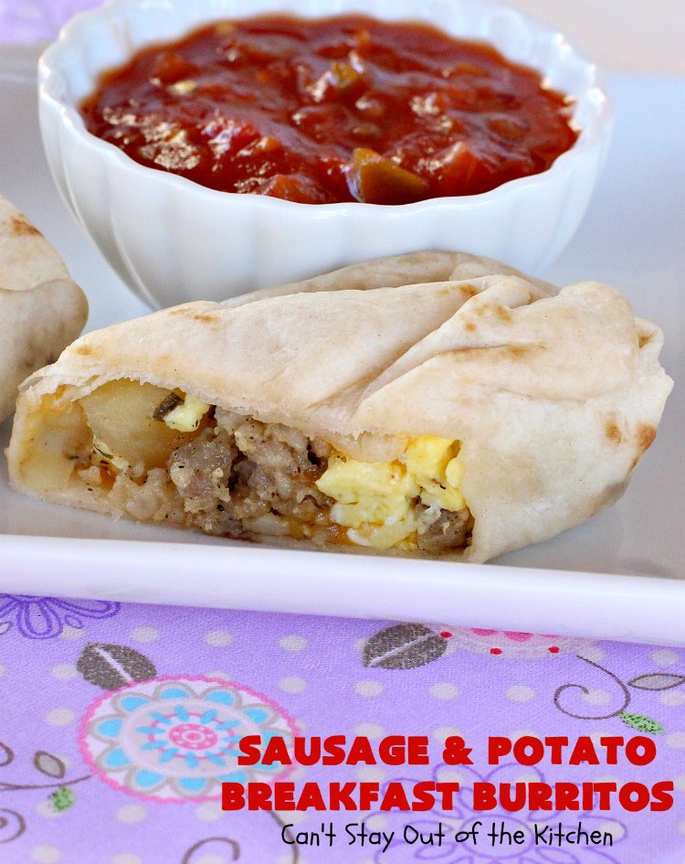 Sausage and Potato Breakfast Burritos | Can't Stay Out of the Kitchen | These fabulous #BreakfastBurritos can be made in advance. Then just microwave them before you leave for work. They include #sausage, #CheddarCheese, #eggs & seasoned #potatoes. Serve with your favorite #salsa, #PicoDeGallo or even #Guacamole! We love this amazing #TexMex #breakfast. #tortillas #SausageAndPotatoBreakfastBurritos